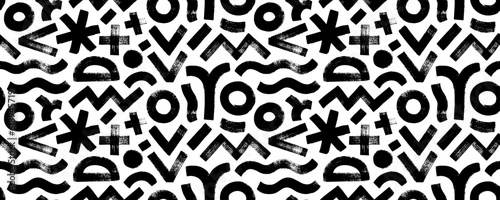 Contemporary seamless pattern with geometric shapes and bold brush drawn figures. Abstract organic shapes pattern. Crosses, asterisk, zigzag and wavy lines, circles and dots. Hand drawn banner.