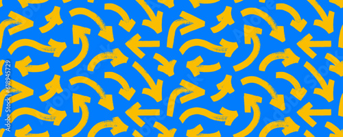 Bold brush drawn curved arrows seamless pattern. Hand drawn vector thick yellow marker arrows on blue background. Curved and wavy brush strokes. Seamless banner with vector direction pointers.