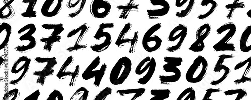 Brush drawn bold numbers seamless pattern. Hand drawn graffiti style modern vector elements. Ornament with numbers from 0 to 9. Dirty textured vector font seamless banner background.