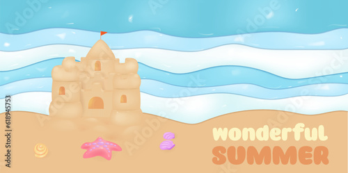 3D beach background, vector cartoon ocean tropical landscape, sand castle. Sunny beach background with rivers and starfish.
