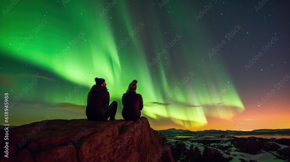Women tourists sit at the top of the rock with Northern Lights or Aurora Borealis, Beautiful landscape.