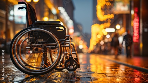 The Lonely Journey: A wheelchair stands alone on the street. Generative AI.