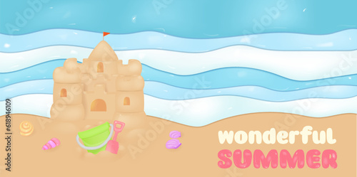 3D sand castle summer illustration, vector beach kids vacation construction, bucket, shovel, starfish.