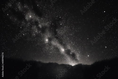 a black and white photo of a night sky with stars and a mountain in the distance with trees in the foreground and a dark sky with stars in the middle of the foreground.