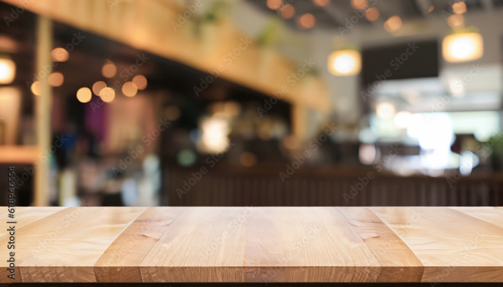 Empty wood table top on abstract blurred restaurant and cafe background - can be used for display or montage your products