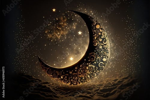 Canvastavla a crescent moon with stars and swirls on it's side in the night sky with clouds and stars in the sky above it, with a dark background of a black sky with white and gold stars