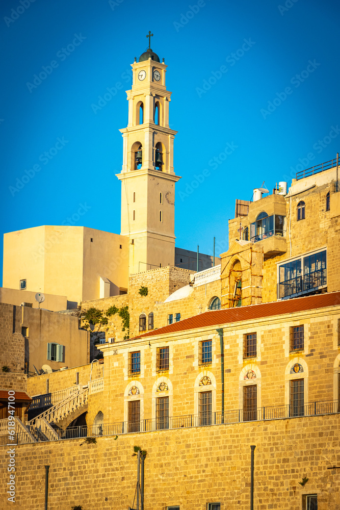 old port of Jaffa at sunset, clock tower, Tel Aviv, Israel, Middle East