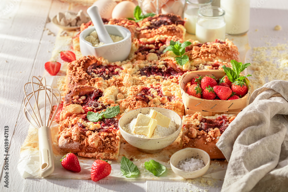 Delicious strawberry yeast cake made of healthy ingredients. Delicious strawberry yeast cake made of healthy ingredients.