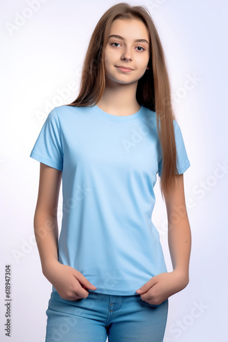 Light blue t-shirt mockup for teens and young adults. AI generative model wearing blank tshirt with space for your design, lettering or logo.