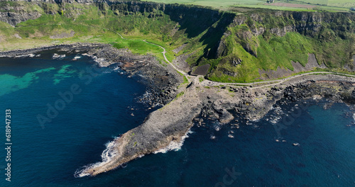 Aerial view of Giants Causeway Atlantic Ocean on North Coast Co Antrim Northern Ireland