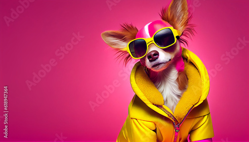 Cool looking Dog wearing funky fashion dress - bright yellow jacket, vest, sunglasses. Wide pink banner with space for text right side. Stylish animal posing as a supermodel, Created with AI