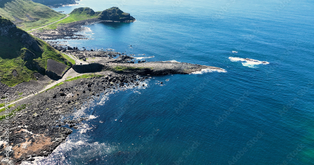 Aerial photo of Beautiful Scenery of Rocks Mountains and Sea in the North Coast Ireland