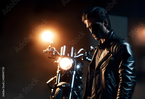 Young handsome man in a leather jacket standing next to a motorcycle under a soft warm light shadow.