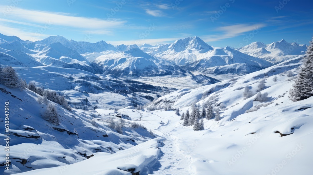 Fototapeta premium A stunning winter landscape with ski tracks carving through the snow. Generative AI