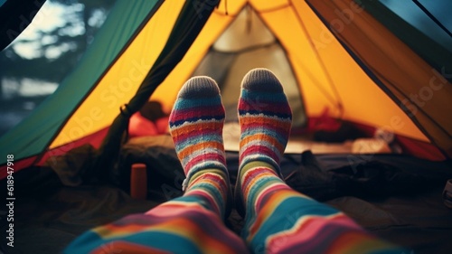 colourful socks on feet in a tent photo
