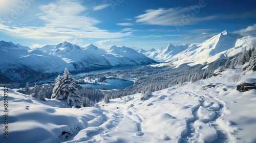 A stunning winter landscape with ski tracks carving through the snow. Generative AI © Mustafa