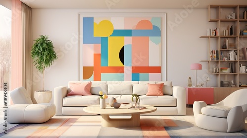 a living room filled with furniture and a painting on the wall