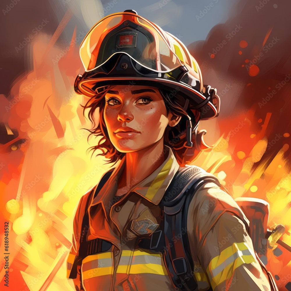 Brave firefighter woman donning her helmet, Generative AI Brave firefighter woman donning her helmet, Generative AI