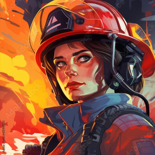 Brave firefighter woman donning her helmet, Generative AI