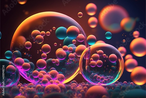 a bunch of bubbles floating in the air with a black background and a blue sky in the background with a few clouds and a lot of pink and blue bubbles in the middle of pink.