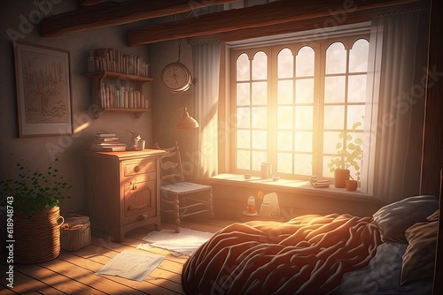a warm and cozy room, with the sun rays shining through the window, creating a calming atmosphere, created with generative ai © Alfazet Chronicles