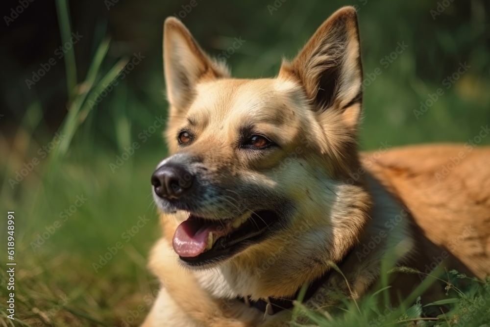 portrait of happy dog lying on green grass, with its head turned to the side, created with generative ai