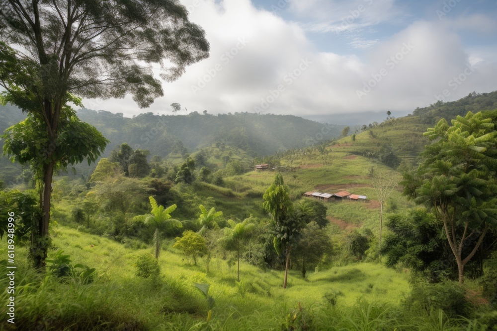Obraz premium forest with view of rural village in the distance, created with generative ai