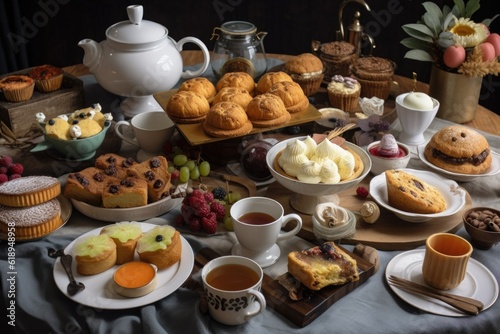 Wallpaper Mural tea party with variety of tea-time treats and cups of steaming hot tea, created with generative ai Torontodigital.ca