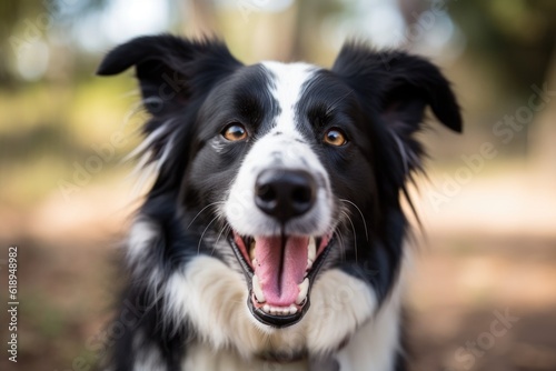 portrait of happy dog gazing into the camera with its tongue hanging out, created with generative ai