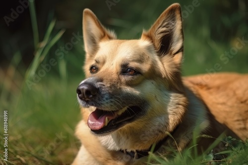 portrait of happy dog lying on green grass  with its head turned to the side  created with generative ai