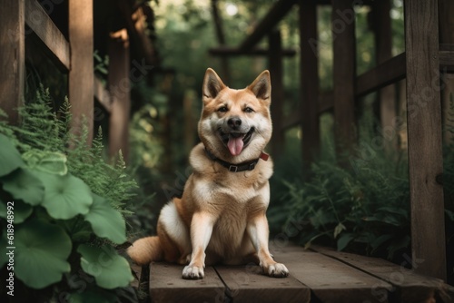 portrait of happy dog sitting on wooden deck, surrounded by greenery, created with generative ai