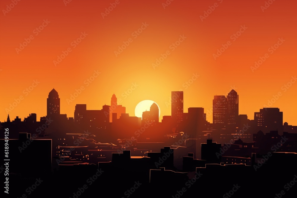 city skyline at dusk, with silhouetted buildings andorange sun setting in the background, created with generative ai