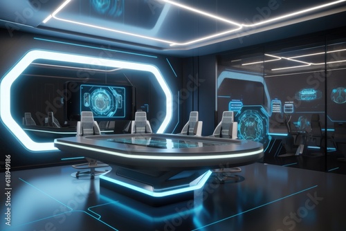 futuristic virtual meeting room, with sleek metallic accents and holographic projectors, created with generative ai