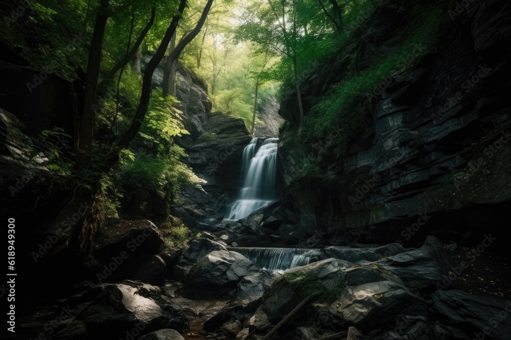 majestic waterfall cascading over rocky cliff face in the forest, created with generative ai majestic waterfall cascading over rocky cliff face in the forest, created with generative ai