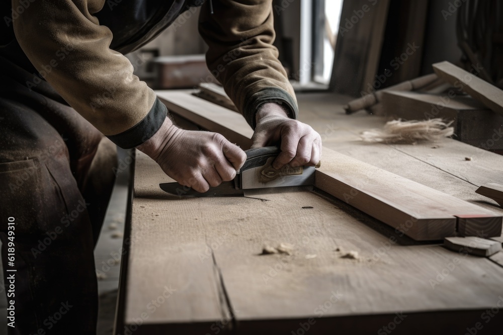 carpenter, sawing boards with handsaw for new project, created with generative ai carpenter, sawing boards with handsaw for new project, created with generative ai