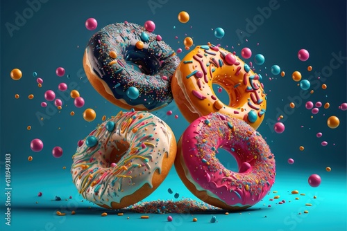 a group of three donuts with sprinkles on a blue background with a splash of colored confetti on the bottom of the donut and the donut is surrounded by smaller donuts. © Nadia