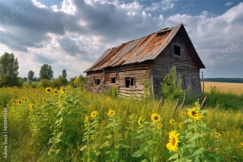 rustic barn with sunflowers, symbol of warmth and happiness, created with generative ai