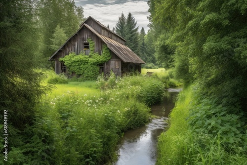 rustic barn surrounded by lush greenery and running stream, created with generative ai