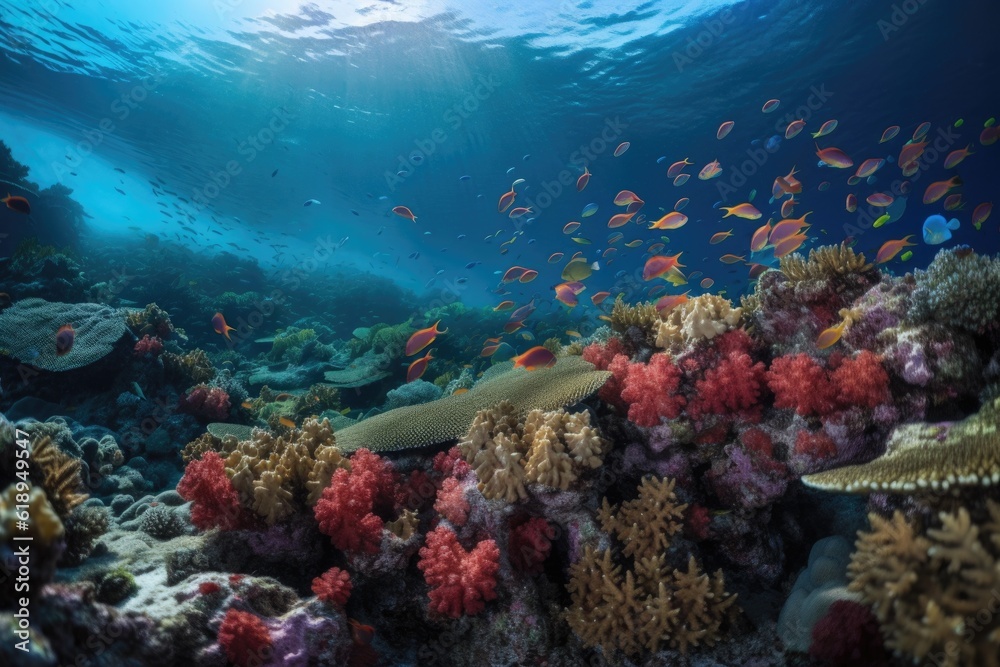 coral reef with schools of colorful fish swimming among the coral, created with generative ai