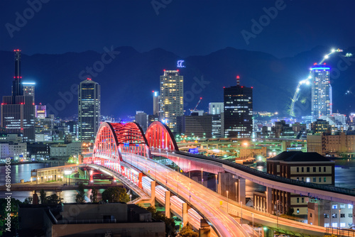 Kobe, Japan cityscape with the Kobe Ohashi Bridge photo
