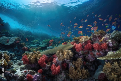 coral reef with schools of colorful fish swimming among the coral, created with generative ai