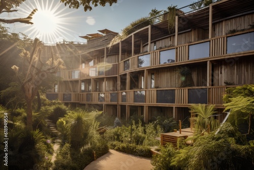 sustainable hotel, with solar panels and eco-friendly technology, created with generative ai