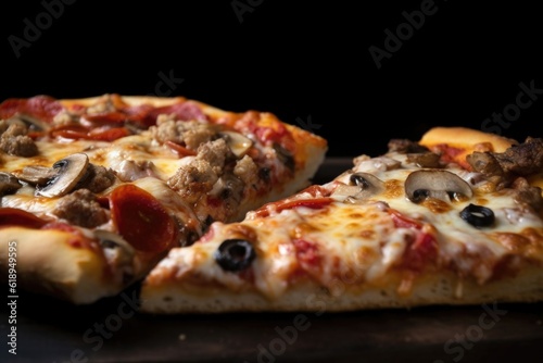 two slices of pizza, one topped with pepperoni and cheese, the other with sausage and mushrooms, created with generative ai