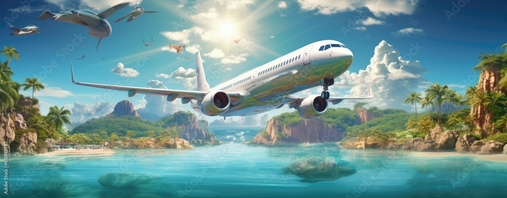 Naklejka premium Concept of airplane travel to exotic destination, tropical island in the ocean