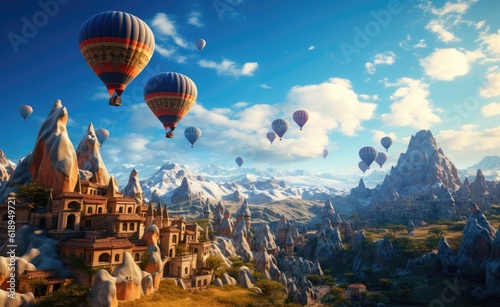 Hot air balloons flying over spectacular Cappadocia. Turkey