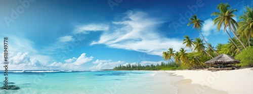 tropical island with palm trees, white sand and coco palms travel tourism wide panorama background concept, amazing beach landscape © medienvirus