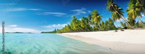 tropical island with palm trees, white sand and coco palms travel tourism wide panorama background concept, amazing beach landscape © medienvirus