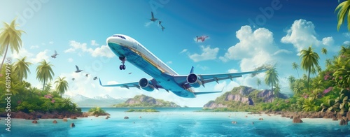 Concept of airplane travel to exotic destination, tropical island in the ocean