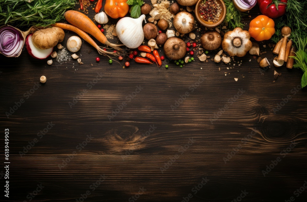 Naklejka premium Food cooking background, ingredients for preparation vegan dishes, vegetables, roots, spices, mushrooms and herbs. Old cutting board. Healthy food concept. Rustic wooden table background, top view