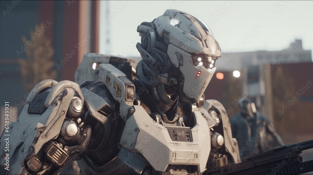 robot is a soldier with combat gear, artificial intelligence and